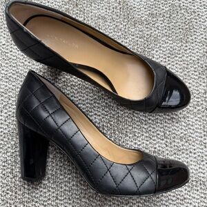 Ann Taylor Black Quilted Leather Block Heel Pumps with Patent Toe